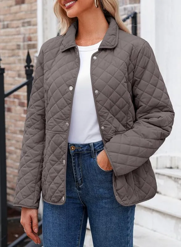 Dokotoo Women's Winter Quilted Jackets Long Sleeve Button Down Diamond Puffer Jacket Outerwear Coats with Pockets