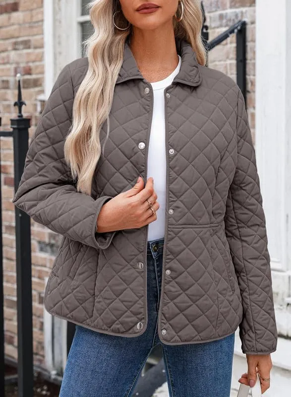 Dokotoo Women's Winter Quilted Jackets Long Sleeve Button Down Diamond Puffer Jacket Outerwear Coats with Pockets