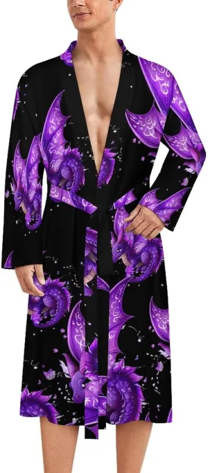 Dragon Magical Purple Men's Bathrobes Soft Long Robe Lightweight Nightgown Sleepwear Loungewear