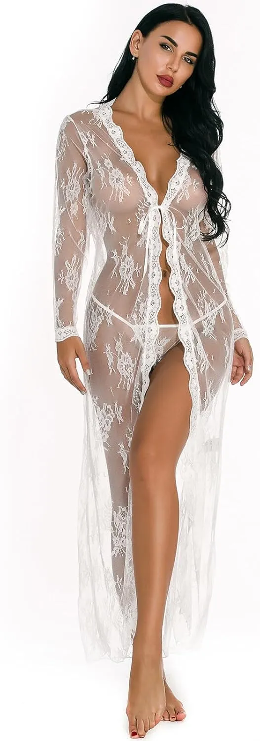 Eforcase Women Long Lace Lingerie Robe with Panty Babydoll Nightgown Nightdress Sheer Gown Kimono Robe Long Nightie Nightgown