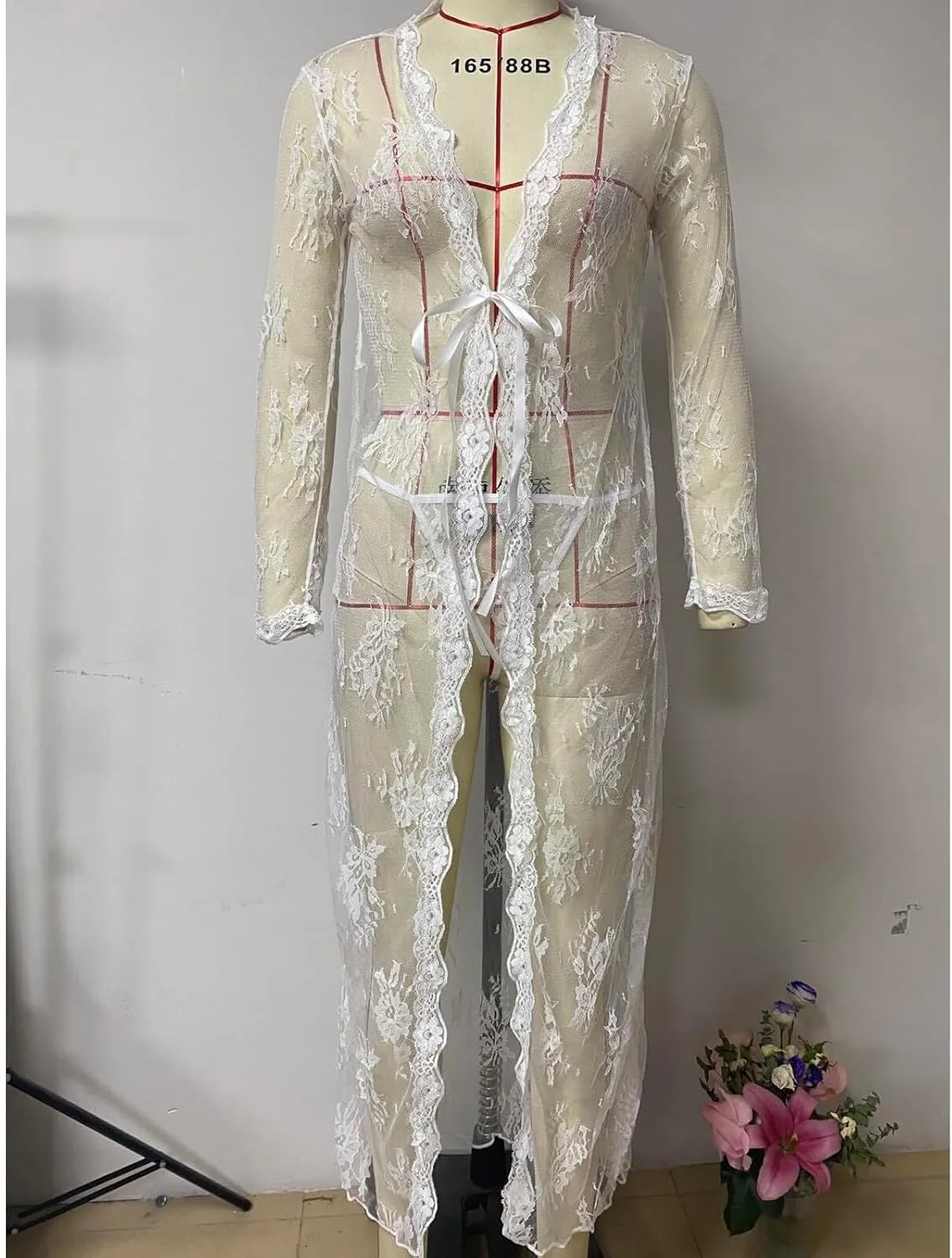 Eforcase Women Long Lace Lingerie Robe with Panty Babydoll Nightgown Nightdress Sheer Gown Kimono Robe Long Nightie Nightgown