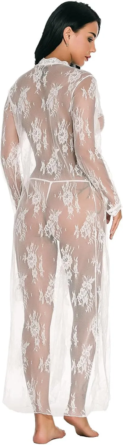 Eforcase Women Long Lace Lingerie Robe with Panty Babydoll Nightgown Nightdress Sheer Gown Kimono Robe Long Nightie Nightgown