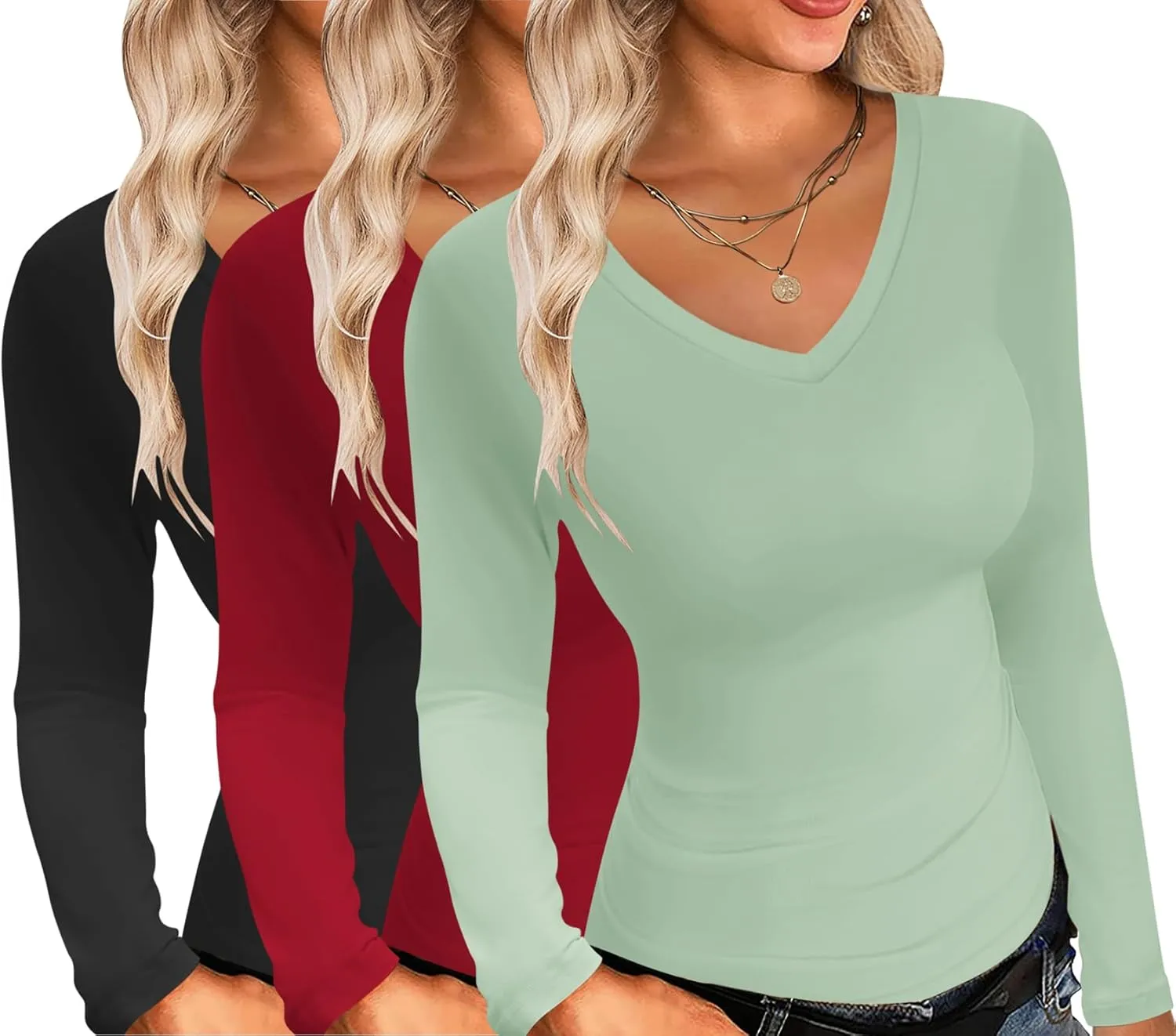 Ekouaer Womens 3 Pack Long Sleeve Shirts V Neck Slim Fit Lightweight Layer Tops 2024 Fall Clothes Thermal Undershirts