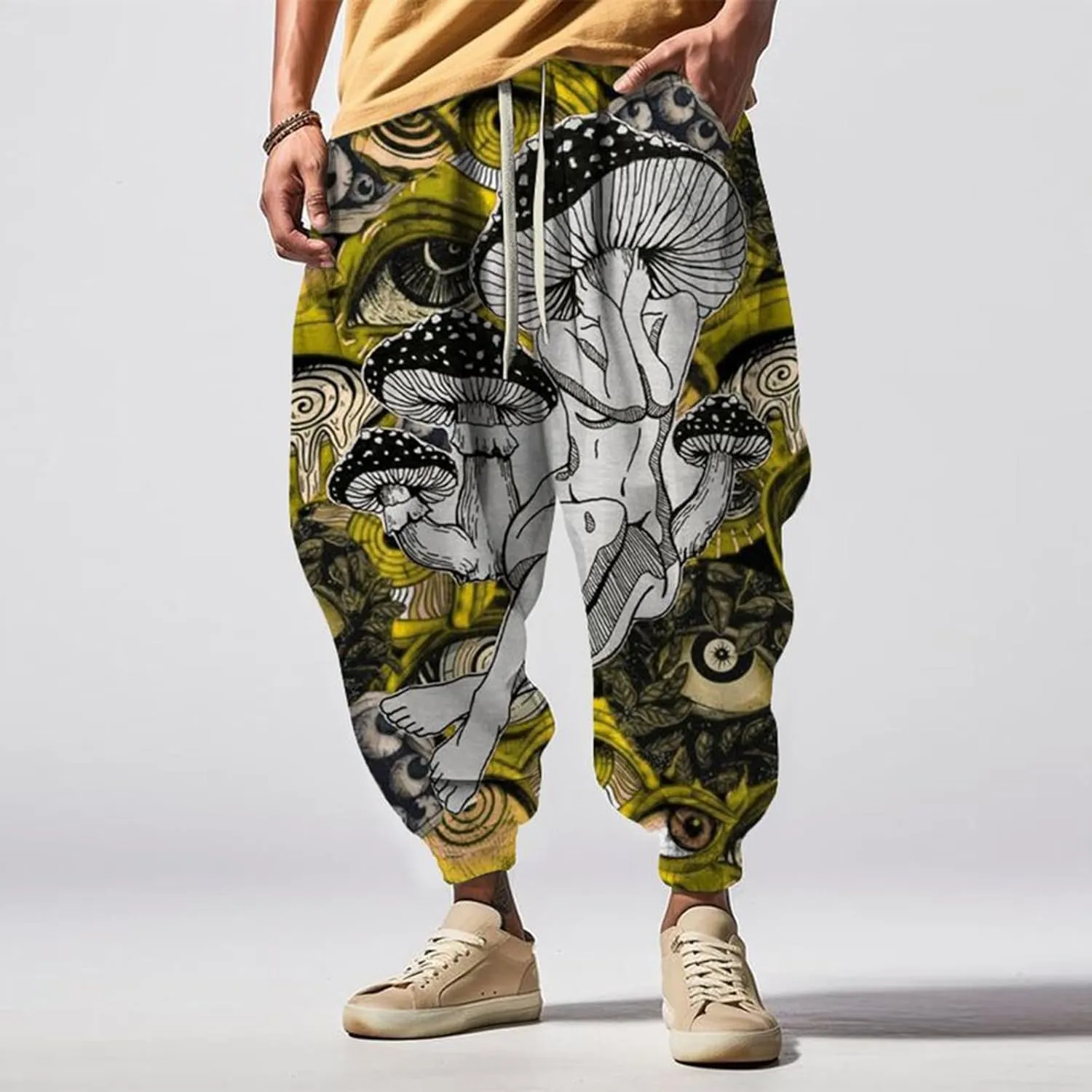Elastic Waist Hippie Pant Cotton Casual Drawstring Men Elastic Waist with Elastic Waist Drawstring Yoga Jogger Pants