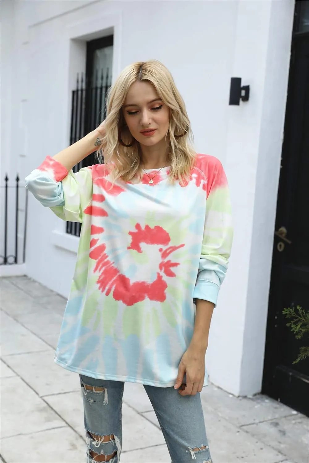 Famulily Womens Tie Dye Sweatshirt Casual Long Sleeve Crewneck Pullover Shirts S-XXL