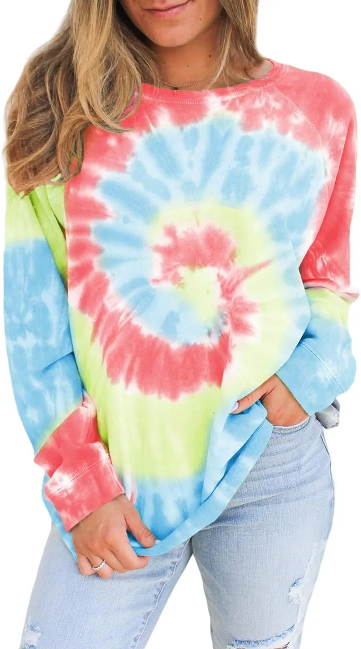 Famulily Womens Tie Dye Sweatshirt Casual Long Sleeve Crewneck Pullover Shirts S-XXL