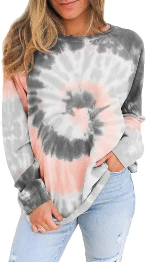 Famulily Womens Tie Dye Sweatshirt Casual Long Sleeve Crewneck Pullover Shirts S-XXL