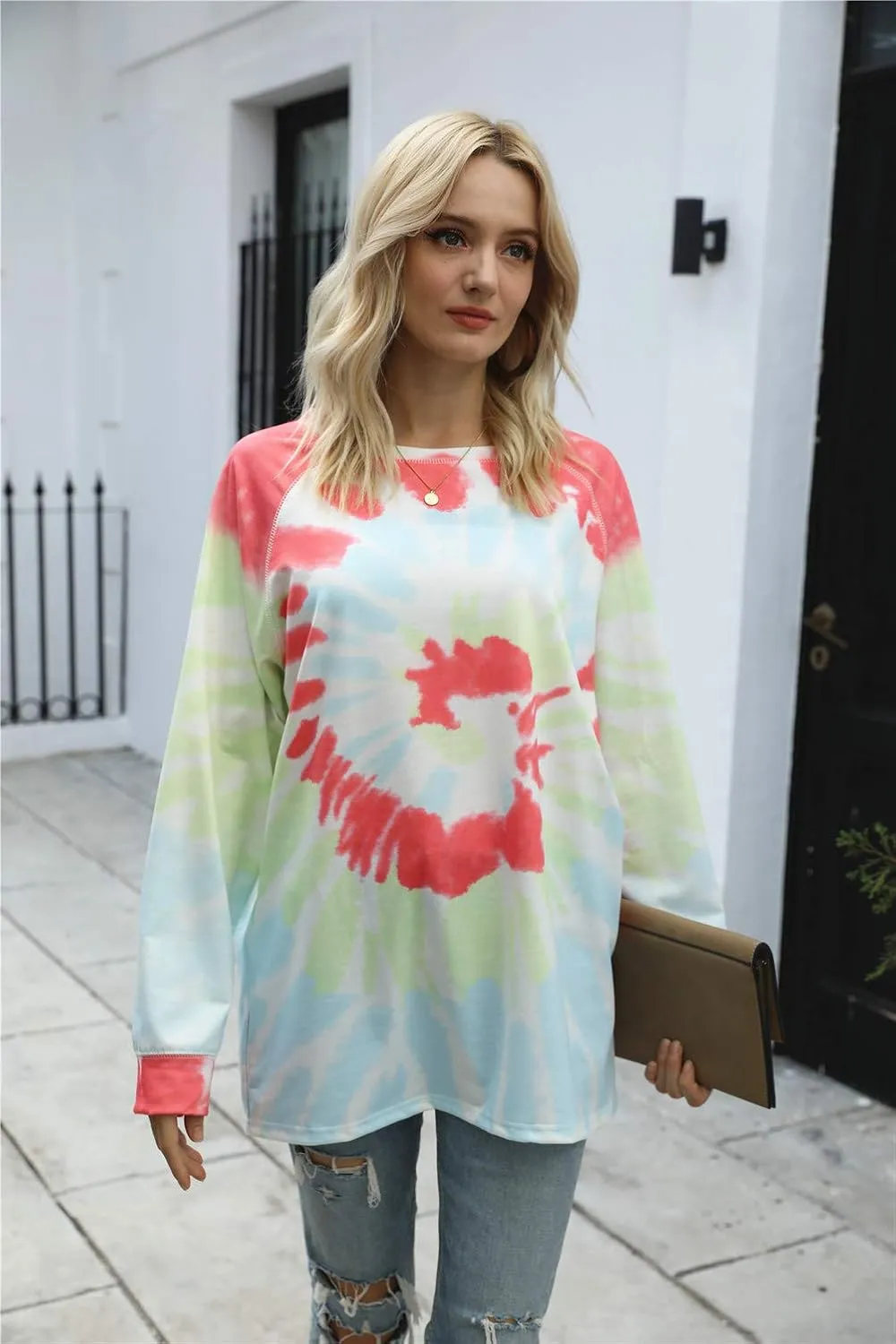Famulily Womens Tie Dye Sweatshirt Casual Long Sleeve Crewneck Pullover Shirts S-XXL