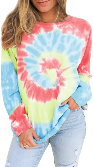 Famulily Womens Tie Dye Sweatshirt Casual Long Sleeve Crewneck Pullover Shirts S-XXL