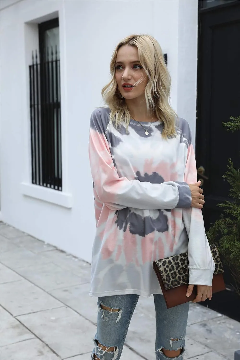 Famulily Womens Tie Dye Sweatshirt Casual Long Sleeve Crewneck Pullover Shirts S-XXL