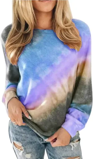 Famulily Womens Tie Dye Sweatshirt Casual Long Sleeve Crewneck Pullover Shirts S-XXL