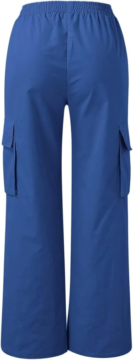fanmpghleoo Baggy Cargo Pants Women High Waist Elastic Casual Wide Leg Pants Pull On Lightweight Hiking Trousers with Pockets