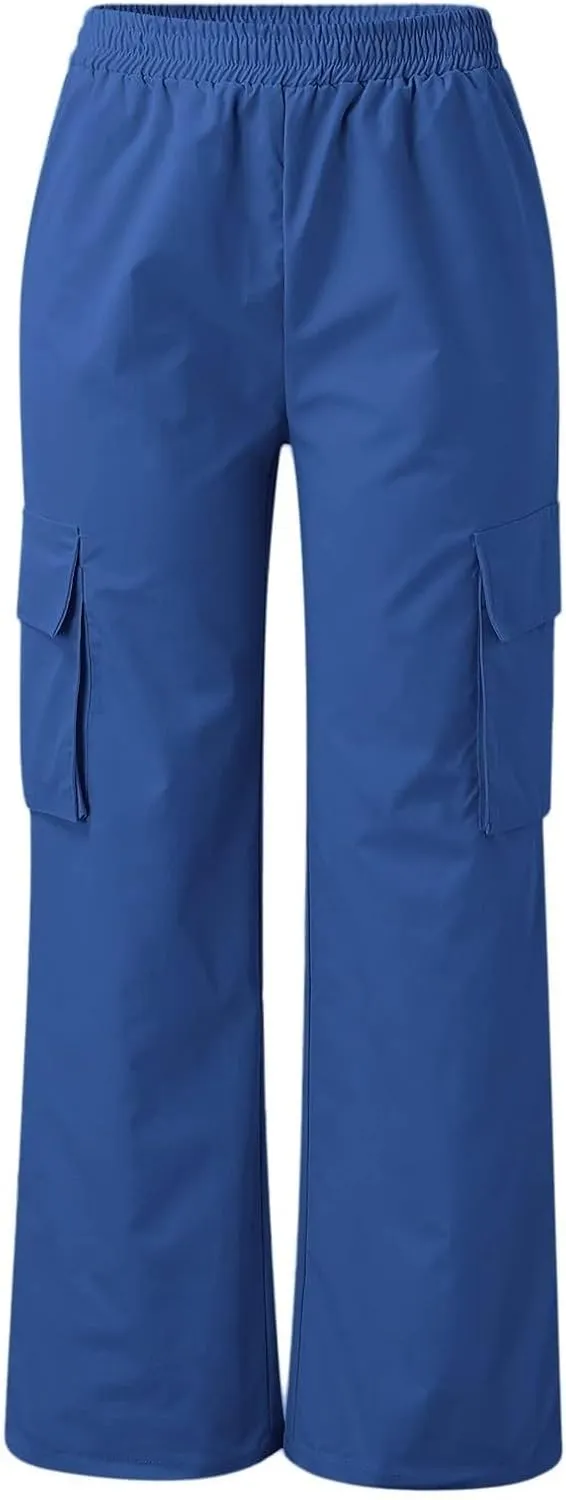 fanmpghleoo Baggy Cargo Pants Women High Waist Elastic Casual Wide Leg Pants Pull On Lightweight Hiking Trousers with Pockets