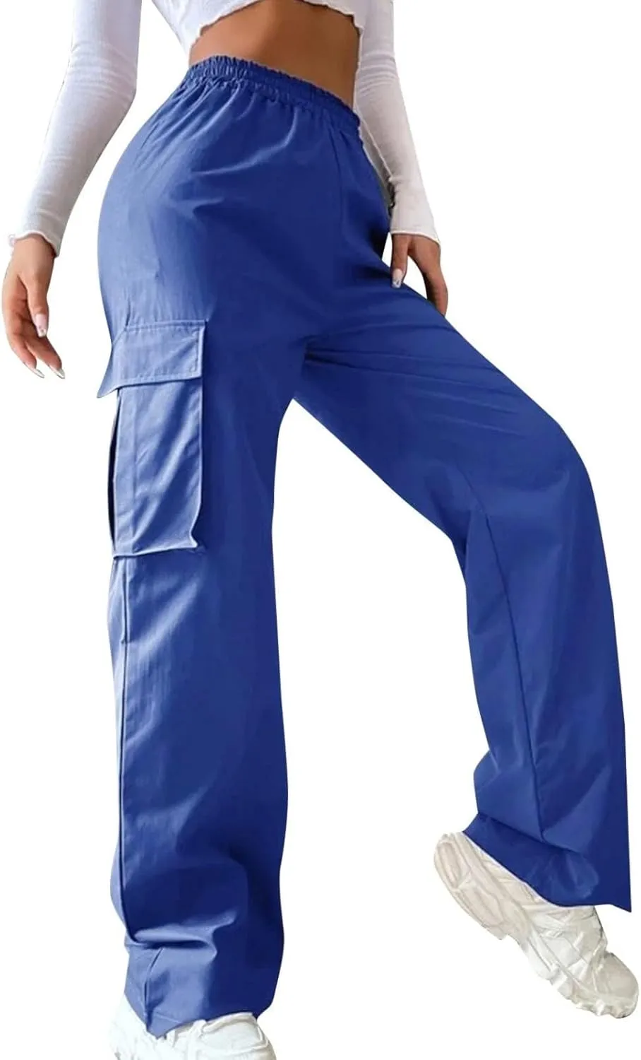 fanmpghleoo Baggy Cargo Pants Women High Waist Elastic Casual Wide Leg Pants Pull On Lightweight Hiking Trousers with Pockets