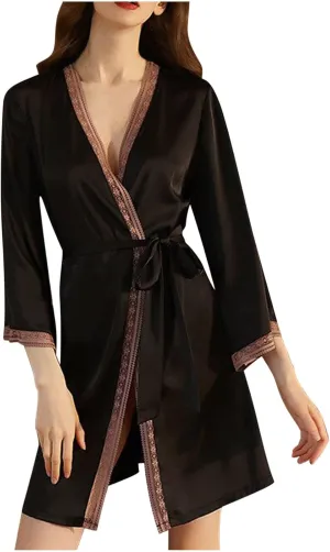 Faux Silk Bathrobe Womens Lace Sleepwear Robe with Belt Long Sleeve Pajama Solid Color Nightwear Nightgown Nightdress