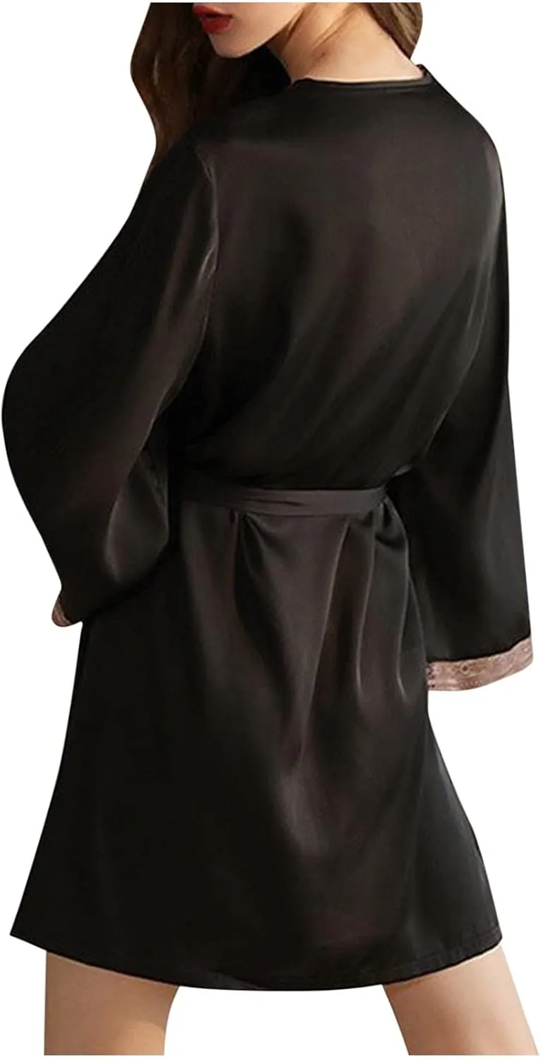Faux Silk Bathrobe Womens Lace Sleepwear Robe with Belt Long Sleeve Pajama Solid Color Nightwear Nightgown Nightdress
