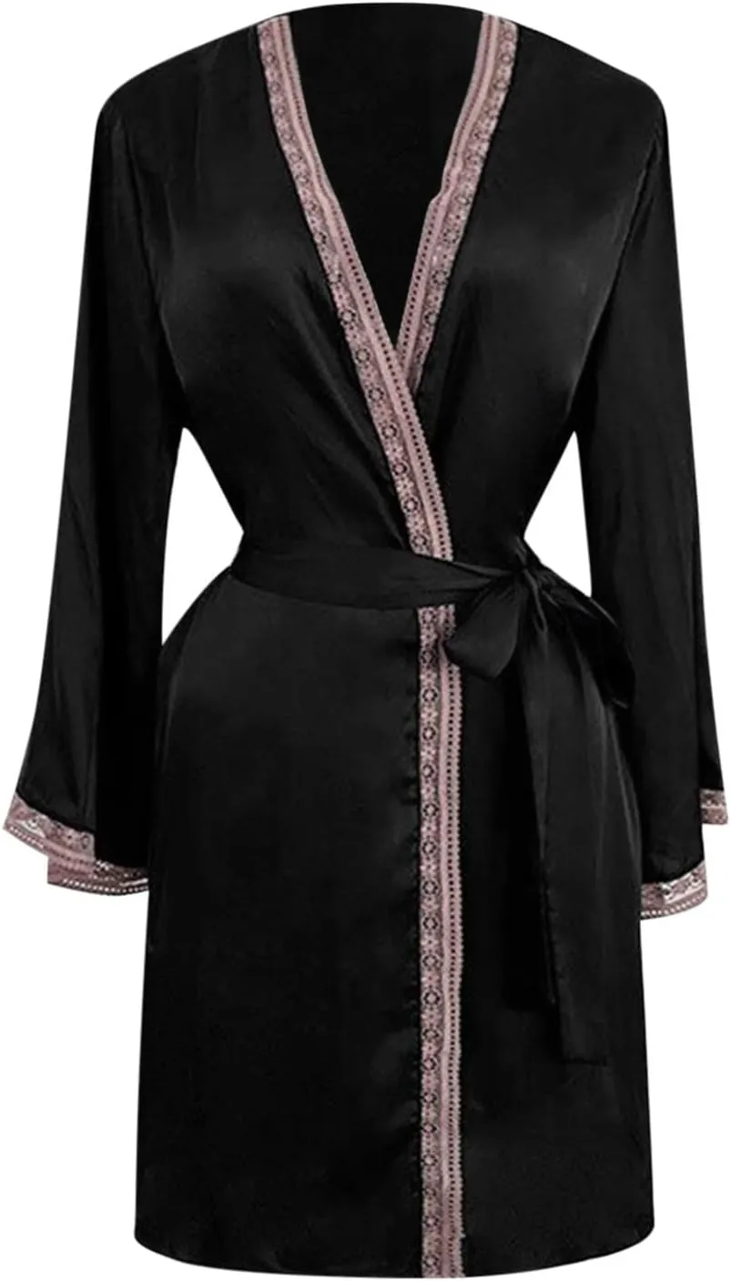 Faux Silk Bathrobe Womens Lace Sleepwear Robe with Belt Long Sleeve Pajama Solid Color Nightwear Nightgown Nightdress