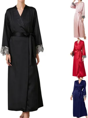 Faux Silk Pajamas Robe Women's Lace Bathrobe Long Sleeve Sleepwear Solid Color Nightgowns Soft Full Length Nightwear