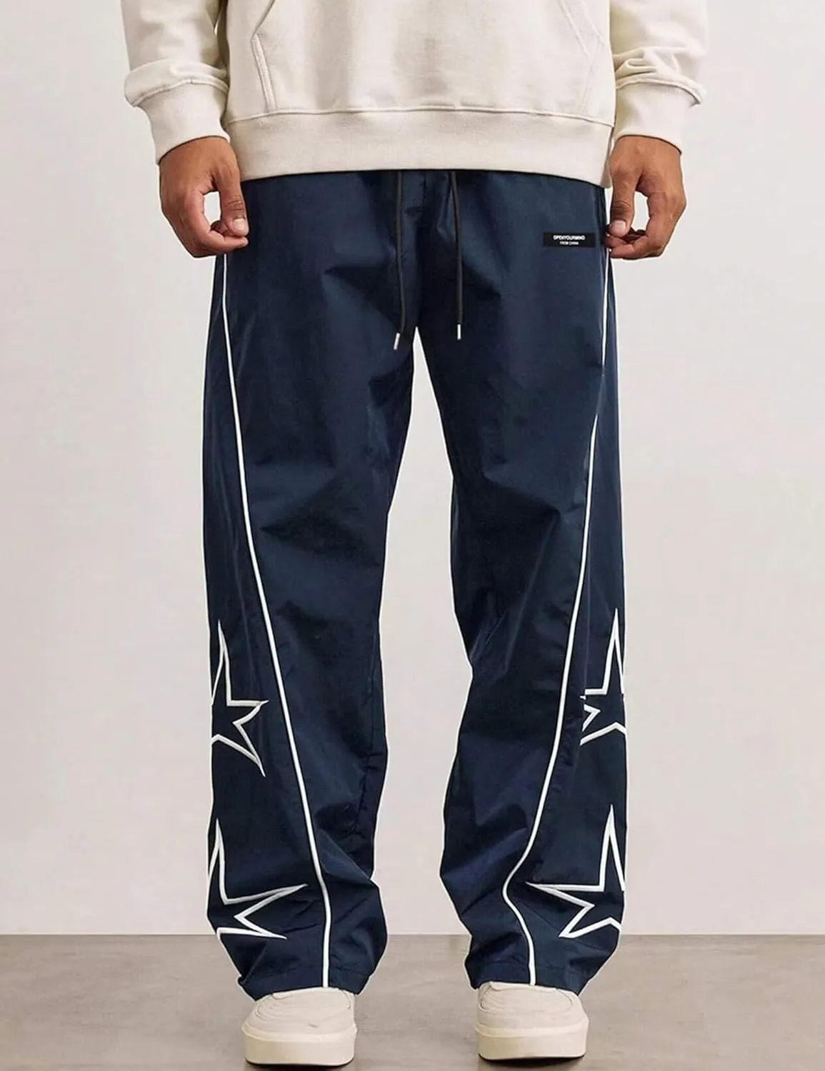 FCOOLYEET Men's Star Pants Y2K Wide Leg Graphic Sweatpants Baggy Striped Pant Lightweight Drawstring Track Pants