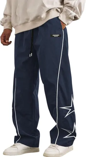 FCOOLYEET Men's Star Pants Y2K Wide Leg Graphic Sweatpants Baggy Striped Pant Lightweight Drawstring Track Pants