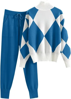Firzero Pant Sets Women 2 Piece Outfits Lounge Sets Long Sleeve Knit Tops Fall Winter Sweater Set Oversized Pants Tracksuit 2024 Blue