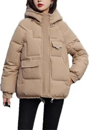Fjnbbiot Autumn Winter Hooded Down Cotton-Padded Jacket Jacket Women Overcoat Warm Parker Coat Korean Loose Short Bread Clothes khaki M