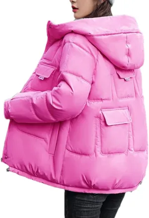 Fjnbbiot Autumn Winter Hooded Down Cotton-Padded Jacket Jacket Women Overcoat Warm Parker Coat Korean Loose Short Bread Clothes Rose red L