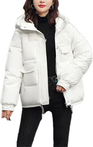 Fjnbbiot Autumn Winter Hooded Down Cotton-Padded Jacket Jacket Women Overcoat Warm Parker Coat Korean Loose Short Bread Clothes white M