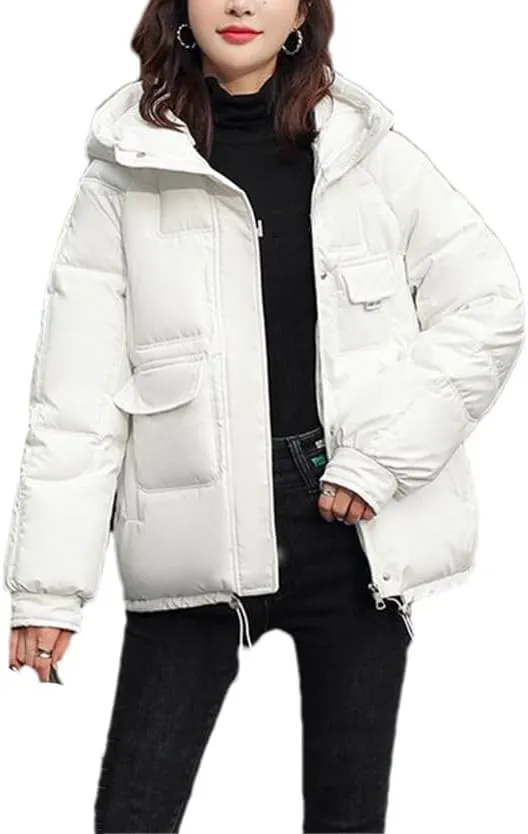 Fjnbbiot Autumn Winter Hooded Down Cotton-Padded Jacket Jacket Women Overcoat Warm Parker Coat Korean Loose Short Bread Clothes white M