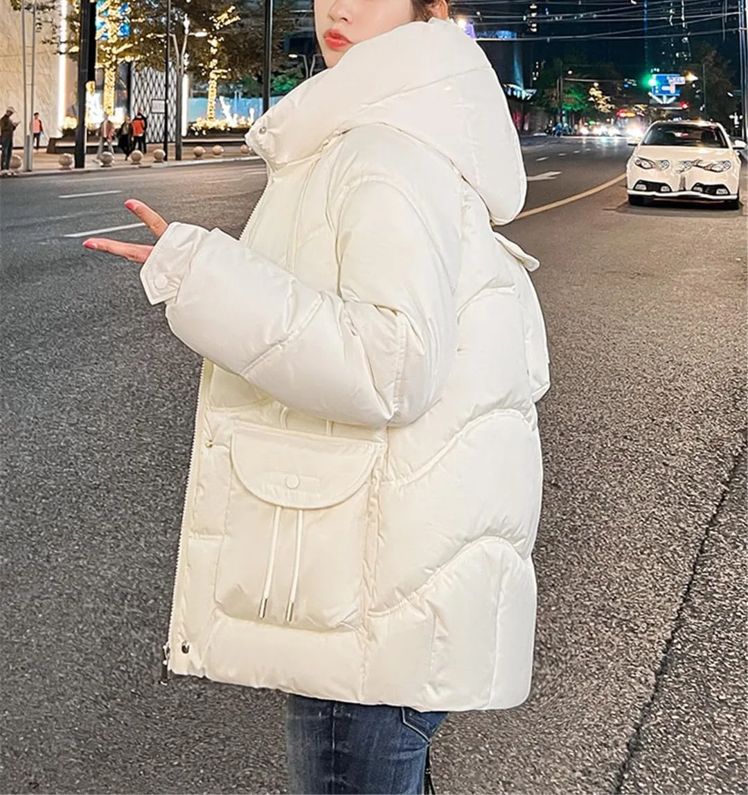 Fjnbbiot Korean Fluffy Hooded Bread Down Jacket Women Winter Thick Loose Casual Warm Cotton Padded Short Coat