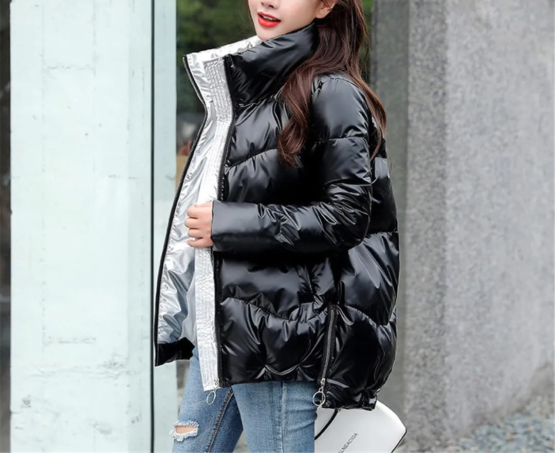 Fjnbbiot Short Women's Down Jacket Winter Glossy Loose Cotton Padded Coat Stand Collar Outwear Parkas Female
