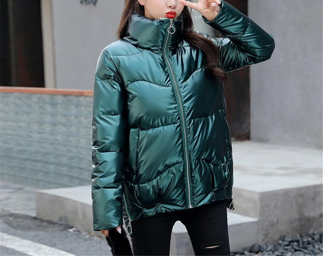 Fjnbbiot Short Women's Down Jacket Winter Glossy Loose Cotton Padded Coat Stand Collar Outwear Parkas Female