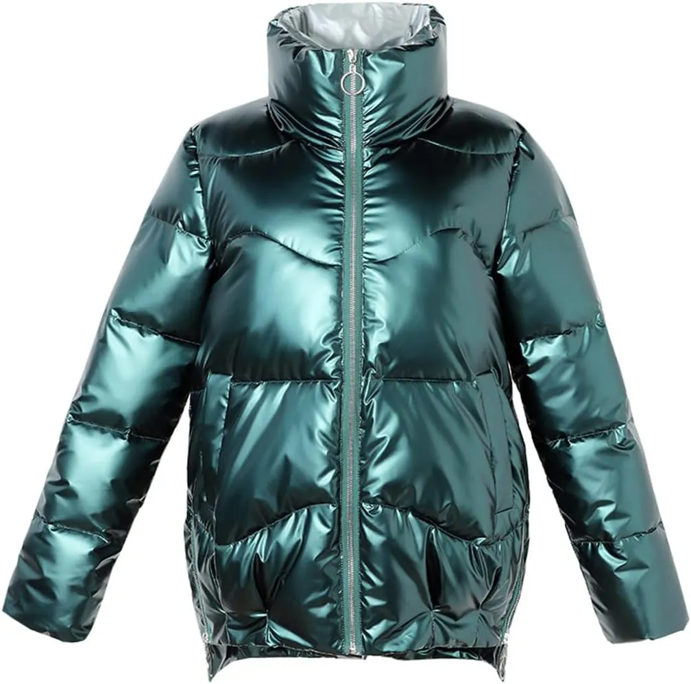Fjnbbiot Short Women's Down Jacket Winter Glossy Loose Cotton Padded Coat Stand Collar Outwear Parkas Female