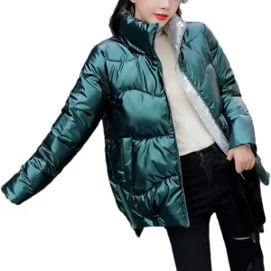 Fjnbbiot Short Women's Down Jacket Winter Glossy Loose Cotton Padded Coat Stand Collar Outwear Parkas Female