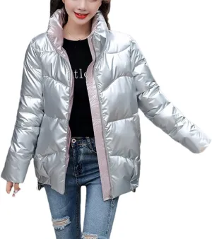 Fjnbbiot Short Women's Down Jacket Winter Glossy Loose Cotton Padded Coat Stand Collar Outwear Parkas Female