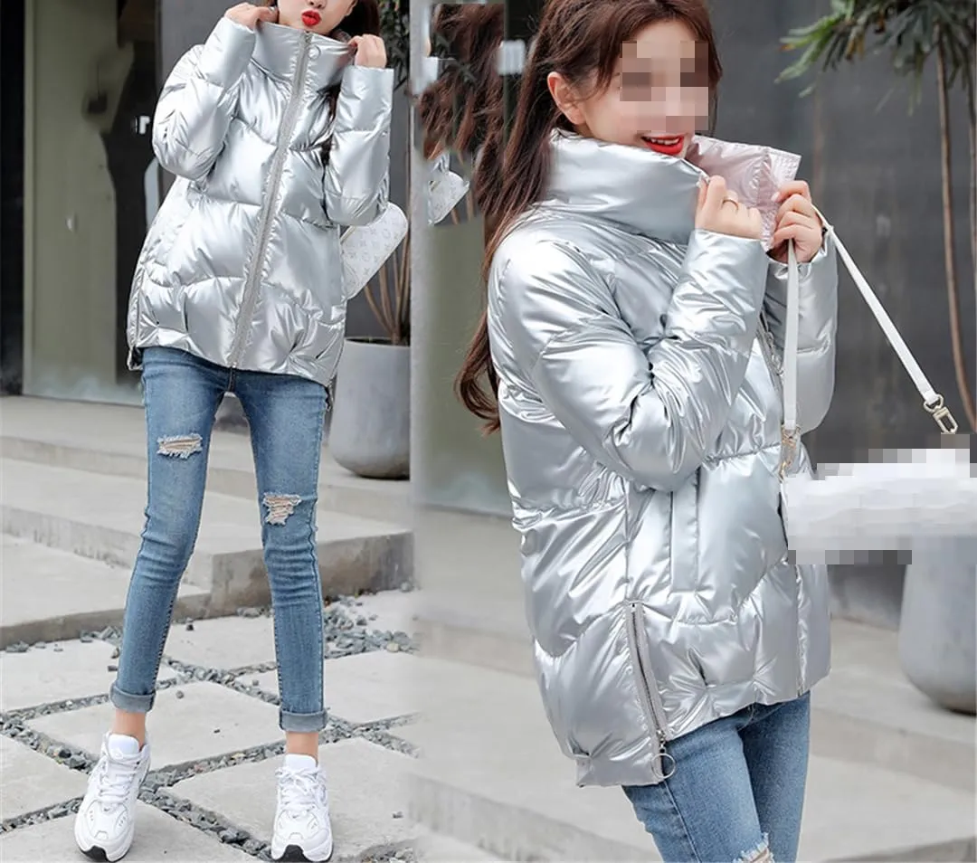 Fjnbbiot Short Women's Down Jacket Winter Glossy Loose Cotton Padded Coat Stand Collar Outwear Parkas Female