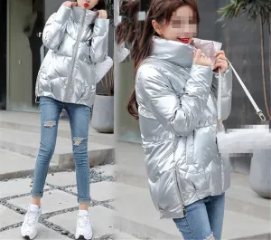 Fjnbbiot Short Women's Down Jacket Winter Glossy Loose Cotton Padded Coat Stand Collar Outwear Parkas Female
