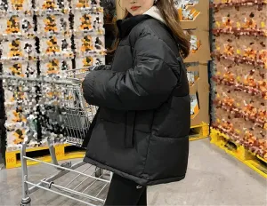Fjnbbiot Winter Jacket Women Overcoat Stand Collar Long Sleeve Thick Cotton Padded Short Coat Casual Loose Down Parkas