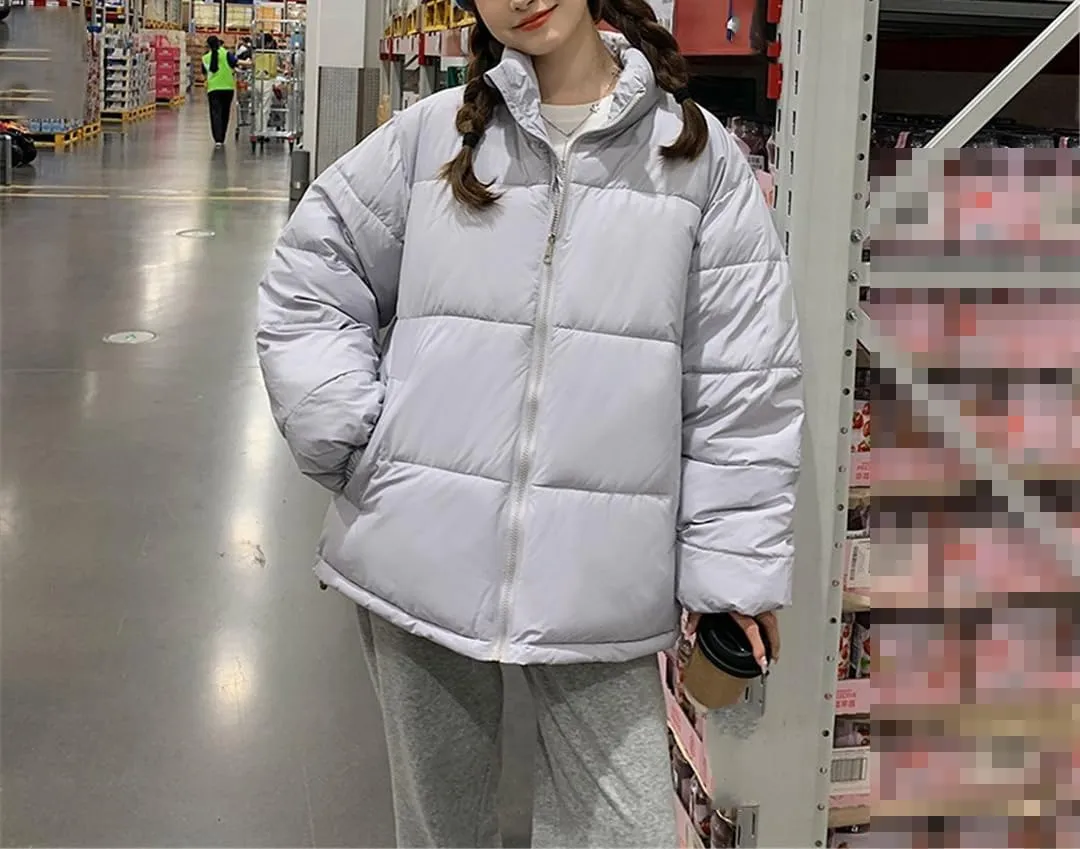 Fjnbbiot Winter Jacket Women Overcoat Stand Collar Long Sleeve Thick Cotton Padded Short Coat Casual Loose Down Parkas