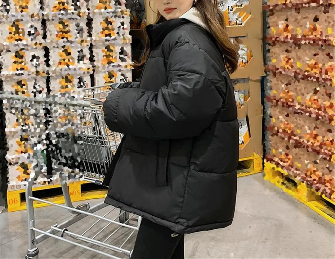 Fjnbbiot Winter Jacket Women Overcoat Stand Collar Long Sleeve Thick Cotton Padded Short Coat Casual Loose Down Parkas
