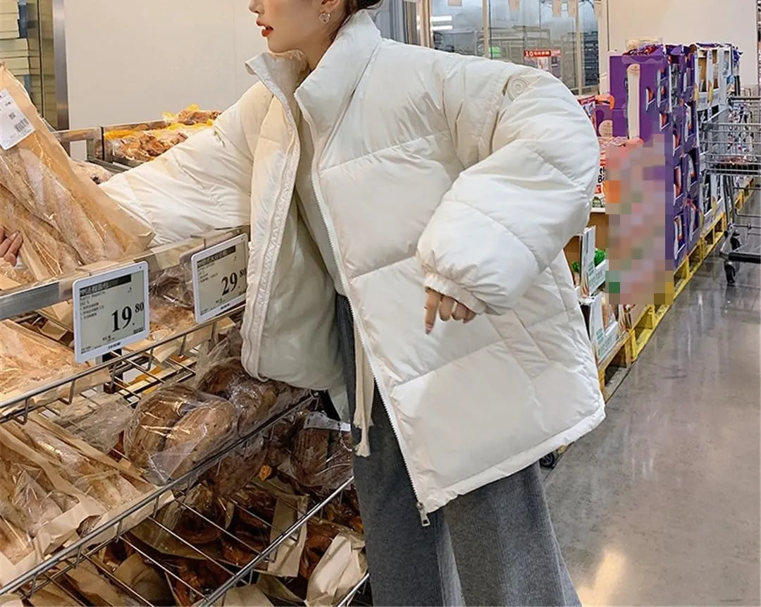 Fjnbbiot Winter Jacket Women Overcoat Stand Collar Long Sleeve Thick Cotton Padded Short Coat Casual Loose Down Parkas