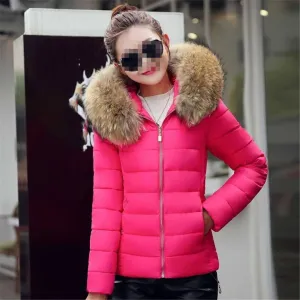 Fjnbbiot Winter Jacket Womens Parkas Fur Collar Hooded Coats Casual Short Jacket Female Slim Cotton Padded Warm Down Jacket