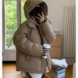 Fjnbbiot Winter Thick Cotton Padded Coat Women Fashion Hooded Long Sleeve Loose Short Jacket Female Overcoat Warm Down Parkas