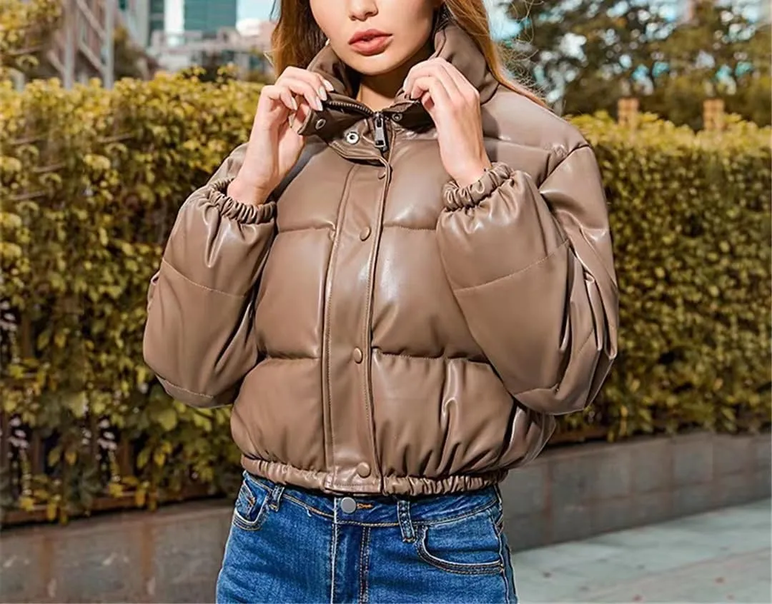 Fjnbbiot Winter Thick Warm PU Leather Coats Women Short Parkas Fashion Elegant Zipper Cotton Padded Down Jacket