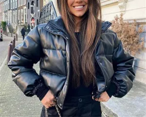 Fjnbbiot Winter Thick Warm PU Leather Coats Women Short Parkas Fashion Elegant Zipper Cotton Padded Down Jacket