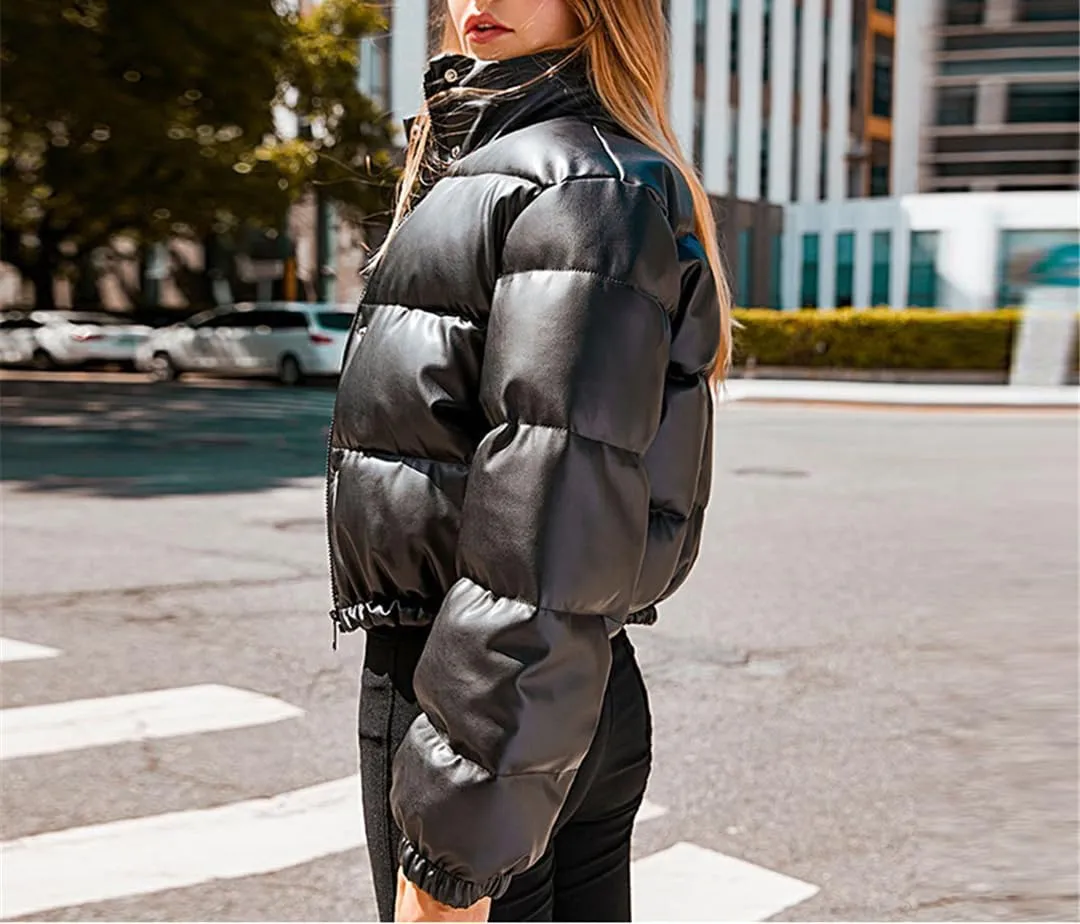 Fjnbbiot Winter Thick Warm PU Leather Coats Women Short Parkas Fashion Elegant Zipper Cotton Padded Down Jacket