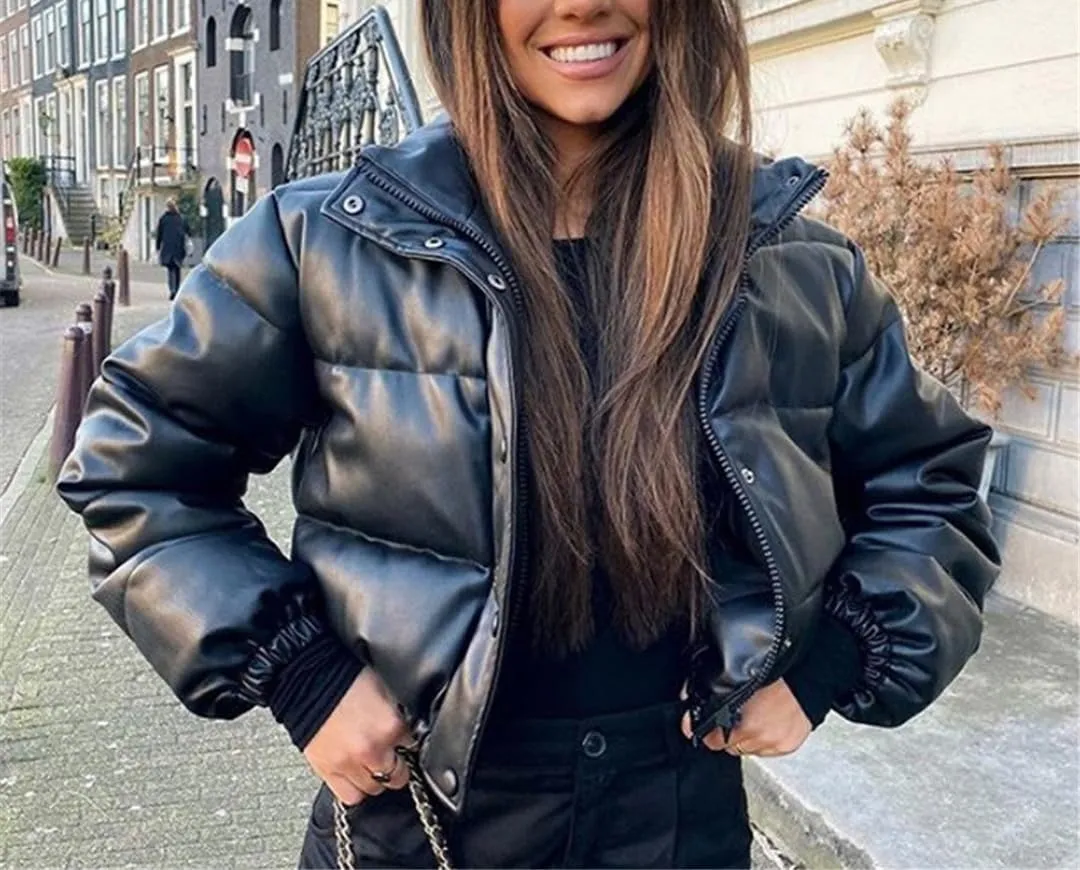 Fjnbbiot Winter Thick Warm PU Leather Coats Women Short Parkas Fashion Elegant Zipper Cotton Padded Down Jacket
