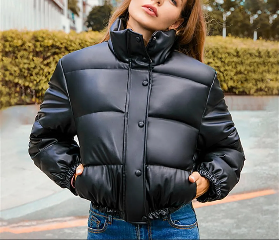 Fjnbbiot Winter Thick Warm PU Leather Coats Women Short Parkas Fashion Elegant Zipper Cotton Padded Down Jacket