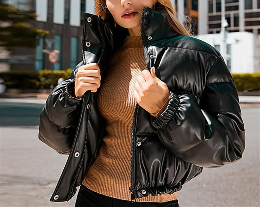Fjnbbiot Winter Thick Warm PU Leather Coats Women Short Parkas Fashion Elegant Zipper Cotton Padded Down Jacket