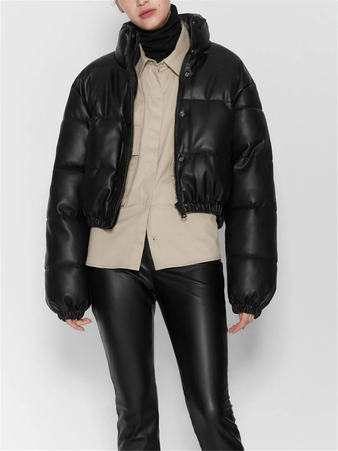 Fjnbbiot Winter Thick Women Short Parkas Warm Fashion PU Leather Bomber Coat Cotton Padded Female Zipper Puffer Down Jacket